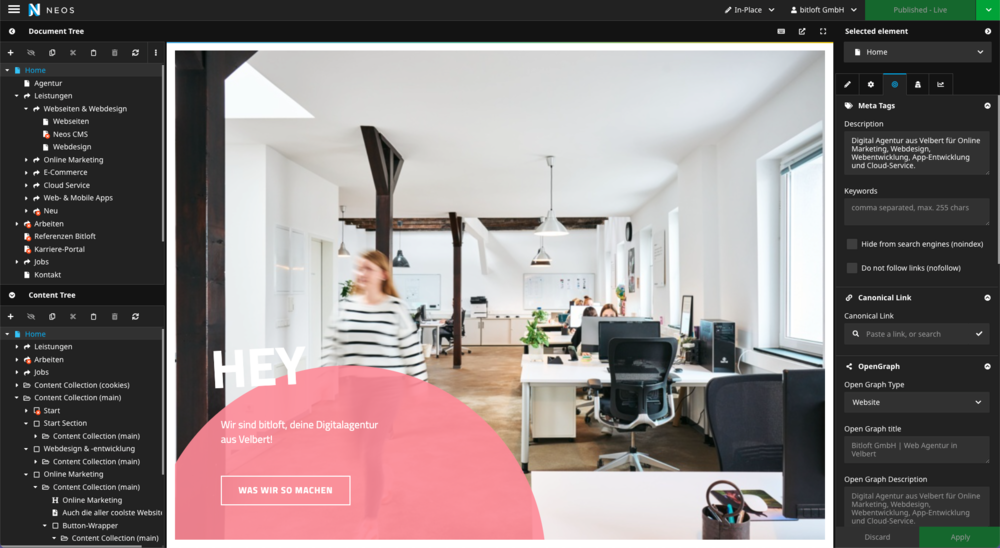 Neos CMS Backend der bitloft Webseite